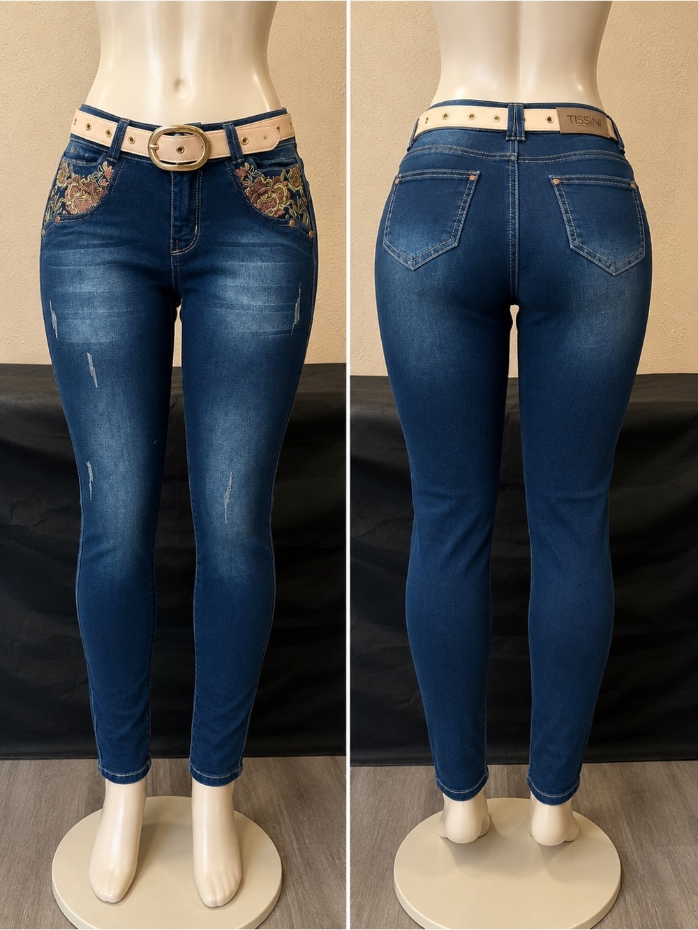 TISSINI Women’s Dark Blue Embroidered Skinny Jeans with Belt NWT Size 5